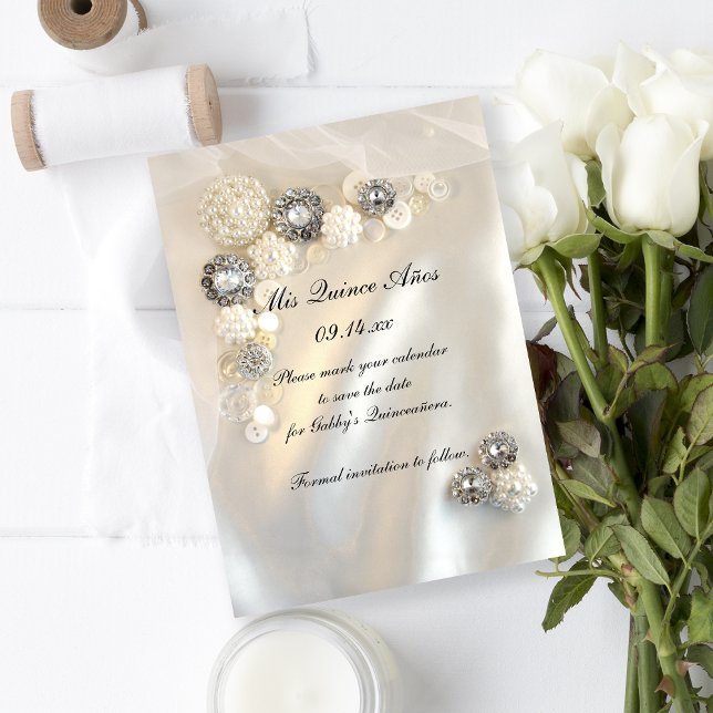 Pearl Diamond Buttons Quinceañera Save the Date (Creator Uploaded)