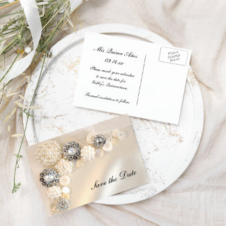 Pearl Diamond Buttons Quinceañera Save the Date Announcement Postcard