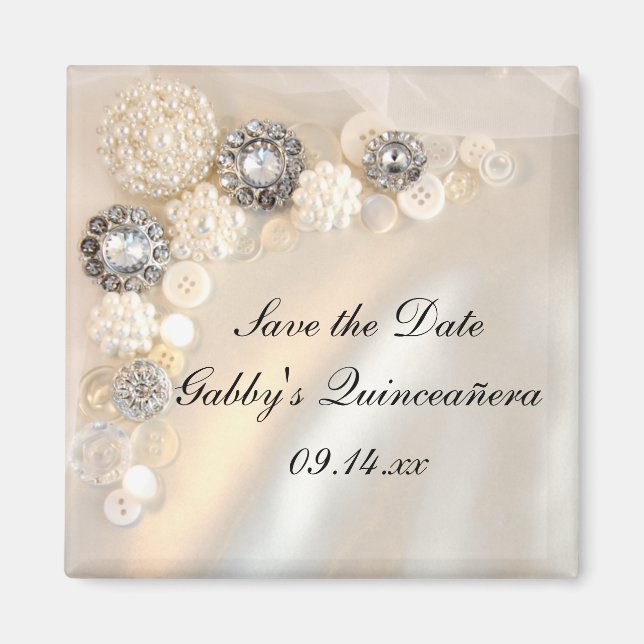Pearl Diamond Buttons Quinceañera Save the Date Magnet (Front)