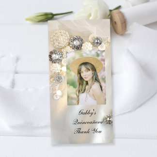 Pearl Diamond Buttons Quineañera Thank You Card