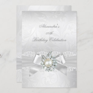 Pearl Diamond Lace White Bow Damask Silver Party Invitation