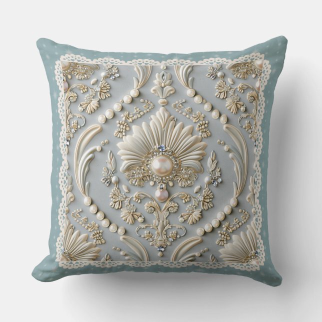 Pearl Elegance: Crystal Embroidered Pattern Throw  Pillow (Front)