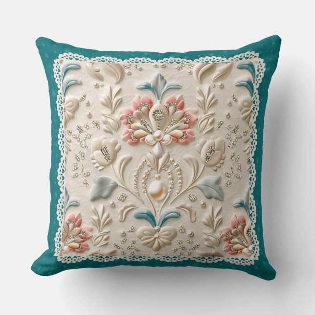 Pearl Elegance: Crystal Embroidered Pattern Throw Throw Pillow (Front)