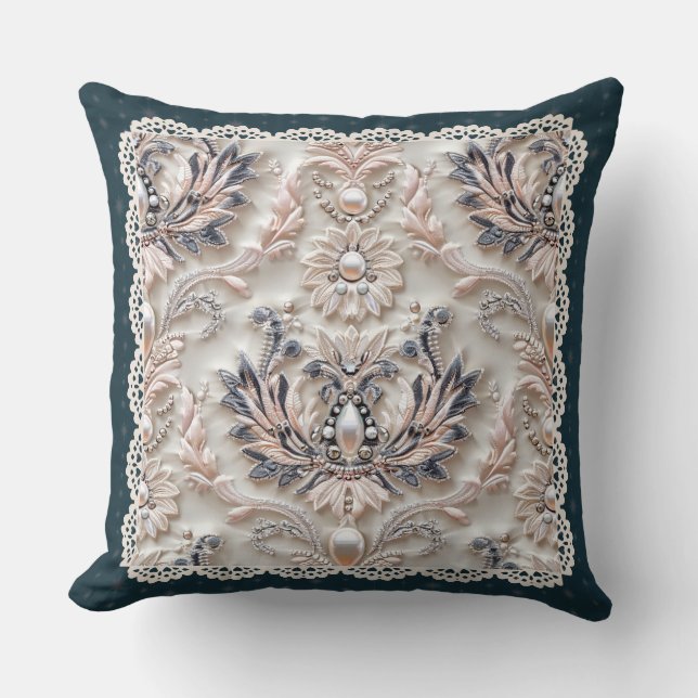 Pearl Elegance: Crystal Embroidered Pattern Throw  Throw Pillow (Front)
