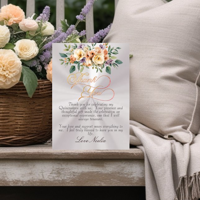 Pearl - Floral & Silver Tiara Quinceanera Thank You Card (Creator Uploaded)