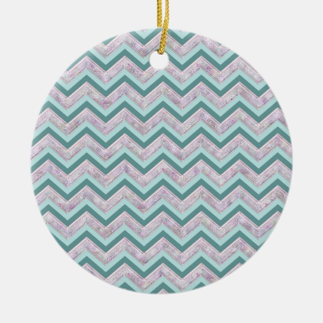 Pearl Floral Teal ZigZag Pattern Ceramic Ornament (Front)