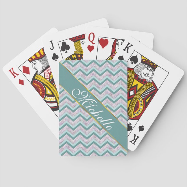 Pearl Floral Teal ZigZag Pattern Poker Cards (Back)