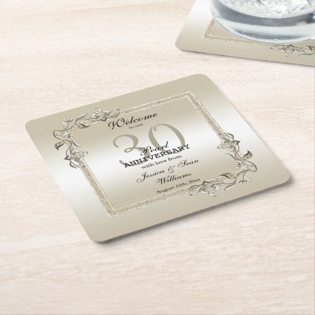 Pearl Gem & Glitter 30th Wedding Anniversary  Square Paper Coaster (Angled)