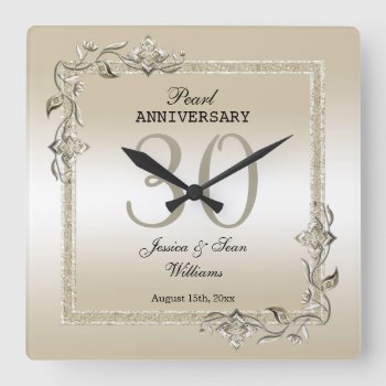 Pearl Gem & Glitter 30th Wedding Anniversary   Square Wall Clock by shm_graphics at Zazzle
