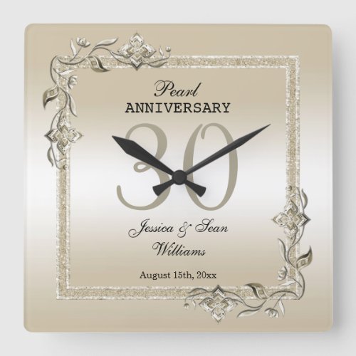 Pearl Gem &amp; Glitter 30th Wedding Anniversary   Square Wall Clock