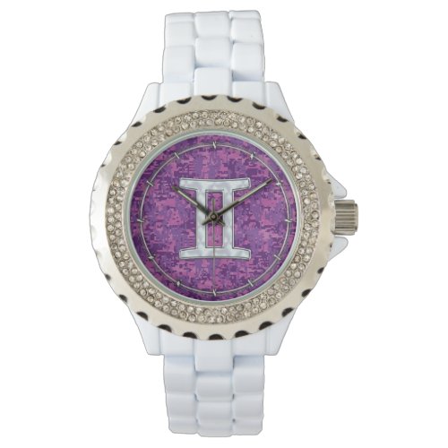 Pearl Gemini Zodiac Symbol on Digital Camouflage Watch