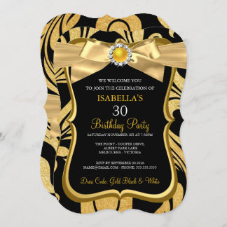 Pearl Gold Bow Black Damask Birthday Invite