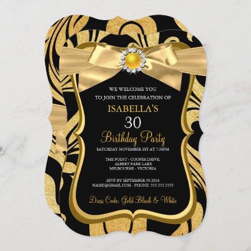 Pearl Gold Bow Black Damask Birthday Invite