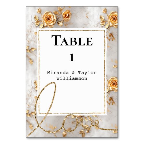 Pearl Gold Glam Roses Floral Wedding Table Number