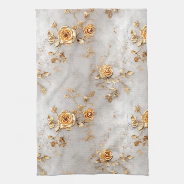 Pearl Gold Roses Floral Kitchen Towel (Vertical)