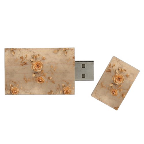 Pearl Gold Roses Floral Wood Flash Drive