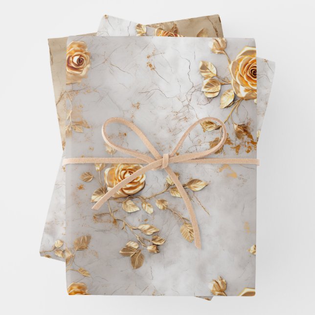 Pearl Gold Roses Wedding Wrapping Paper Sheets (In situ)