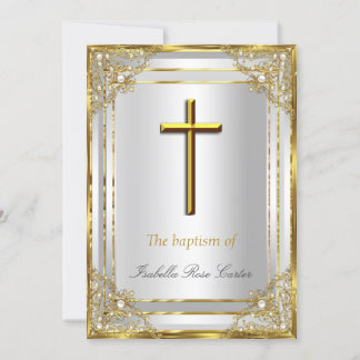 Pearl Gold White Cross Baptism/Christening Invitation