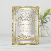 Pearl Gold White Quinceanera tiara carriage Invitation (Standing Front)