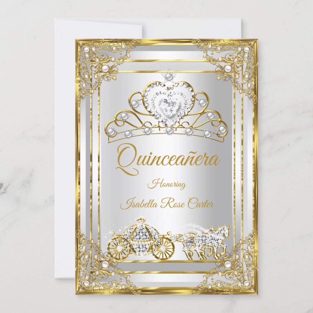 Pearl Gold White Quinceanera Tiara Carriage Invitation Zazzle 6015