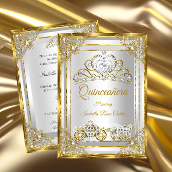 Pearl Gold White Quinceanera Tiara Carriage Invitation by Zizzago at Zazzle