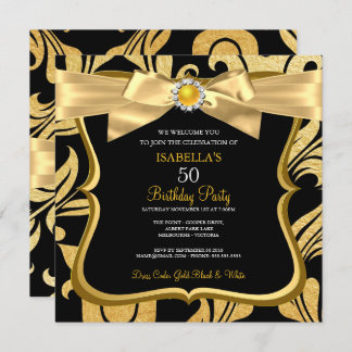 Pearl Gold Yellow Bow Black Damask Birthday Invite