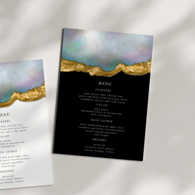 Pearl Golden Agate Geode Wedding Dinner Menu Card | Zazzle
