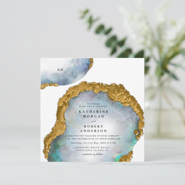 Pearl Golden Agate Geode Wedding Invitation (Standing Front)