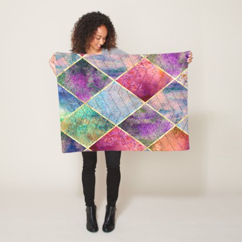 Pearl Harlequin Herringbone Trippy Hippie Rainbow Fleece Blanket