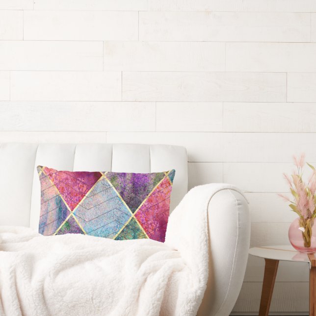 Pearl Harlequin Herringbone Trippy Hippie Rainbow Lumbar Pillow (Couch)