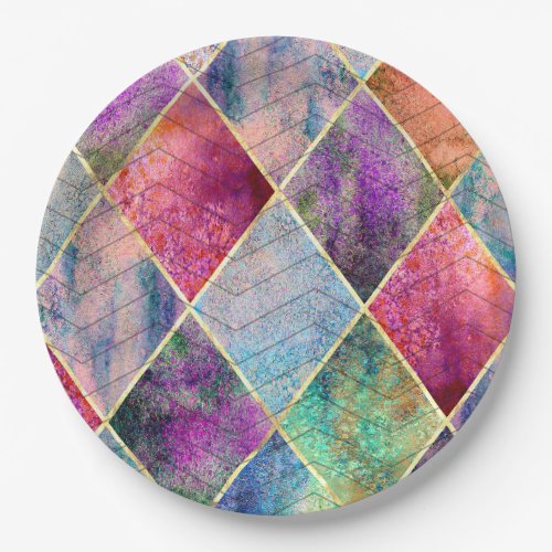 Pearl Harlequin Herringbone Trippy Hippie Rainbow Paper Plates