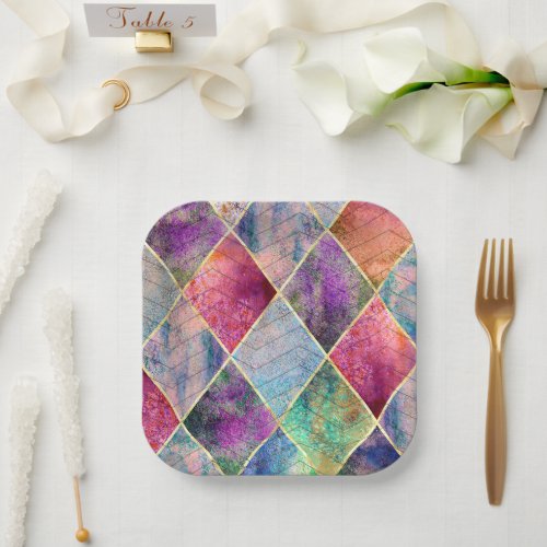 Pearl Harlequin Herringbone Trippy Hippie Rainbow Paper Plates