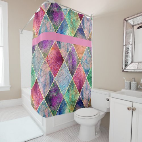 Pearl Harlequin Herringbone Trippy Hippie Rainbow Shower Curtain