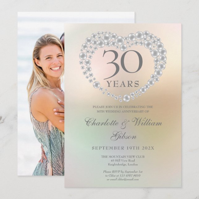 Pearl Heart 30th Wedding Anniversary Photo Invitation (Front/Back)