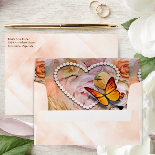 Pearl Heart Butterfly Orange Pink Floral Wedding Envelope