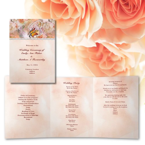 Pearl Heart Floral Orange Floral Butterfly Wedding Tri_Fold Program