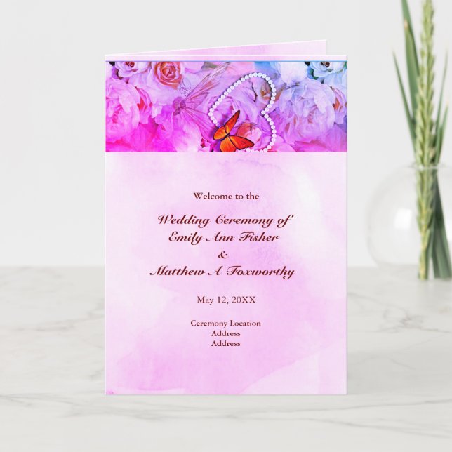 Pearl Heart Floral Pink Butterfly Folded Wedding Program (Front)