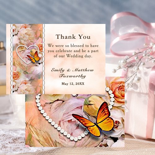 Pearl Heart Orange Pink Roses Butterfly Wedding Thank You Card