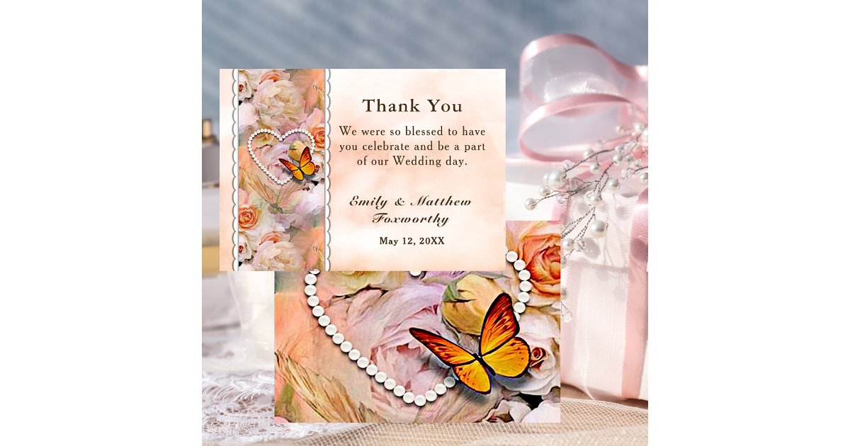 Pearl Heart Orange Pink Roses Butterfly Wedding Thank You Card | Zazzle