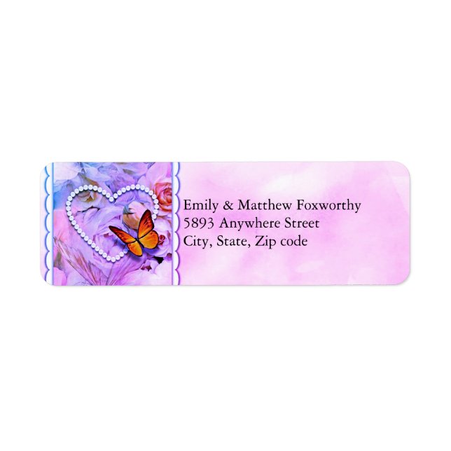 Pearl Heart Pink Roses Butterflies Couple Address  Label (Front)
