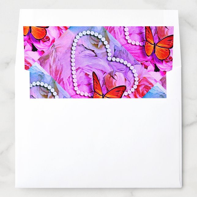 Pearl Heart Pink Roses Butterflies Wedding Envelope Liner (In Envelope)