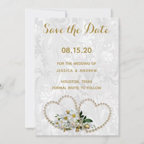 Pearl Hearts  Flower Damask Wedding Save The Date