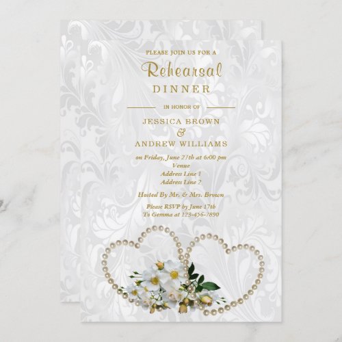 Pearl Hearts  Flowers Damask Rehearsal Dinner Invitation