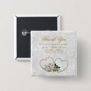 Pearl Hearts & Flowers Damask Wedding Favor Button