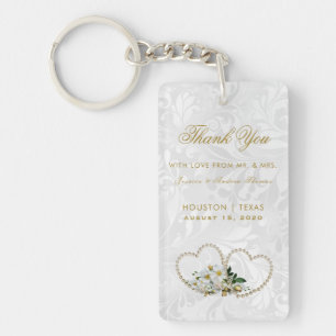 Pearl Hearts & Flowers Damask Wedding Favor Keychain