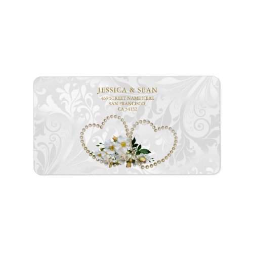 Pearl Hearts   Flowers Damask Wedding Label