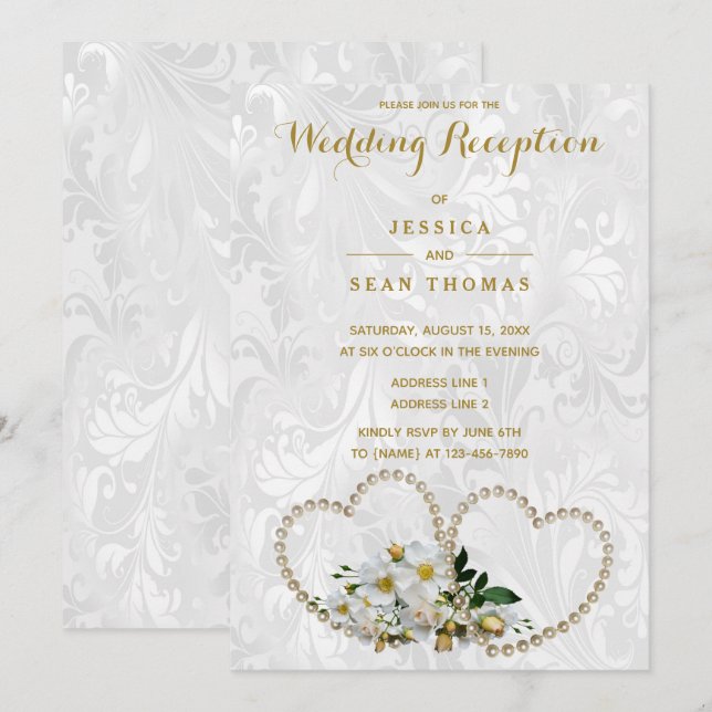 Pearl Hearts & Flowers Damask Wedding Reception Invitation (Front/Back)