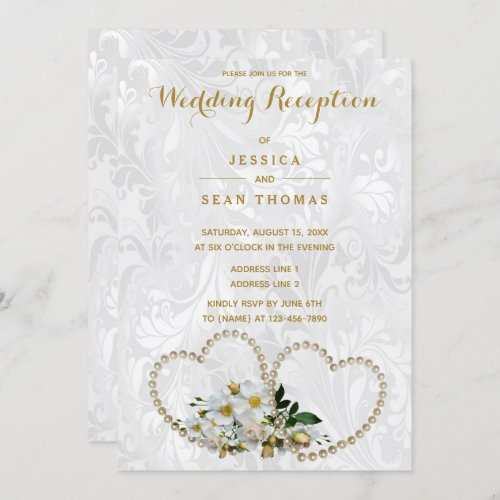 Pearl Hearts  Flowers Damask Wedding Reception Invitation