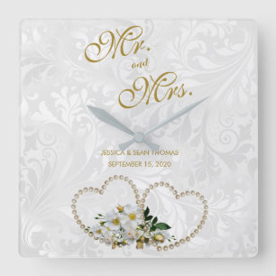 Pearl Hearts & Flowers Damask Wedding Square Wall Clock