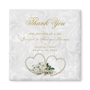 Pearl Hearts & Flowers Damask Wedding Thank You Magnet